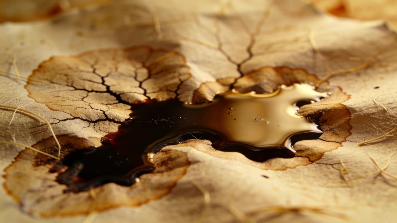 Spreading dark liquid puddle seeping into aged paper on table from droplet impact, deepening rings