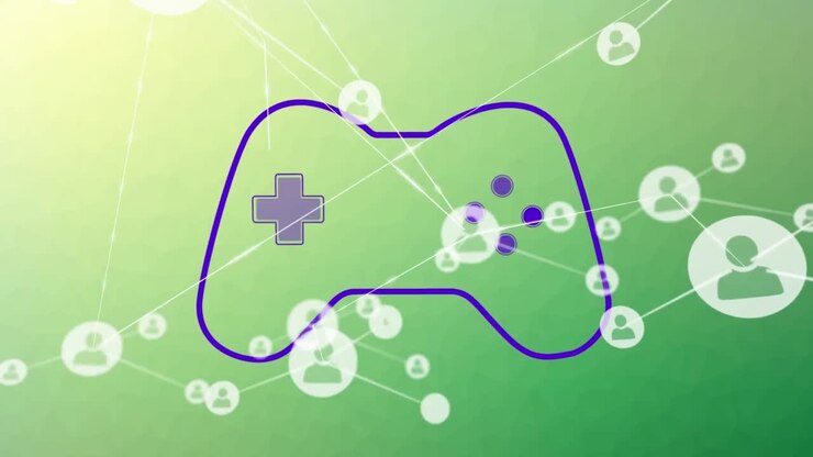 Animation of connected icons over blue gaming console against gradient background