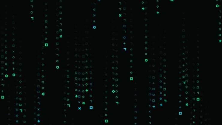 Digital Matrix Rain With Geometric Symbols and Icons