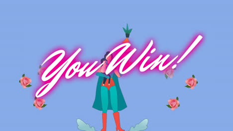 animation of text you win, and roses over woman in superhero outfit with child and balancing objects