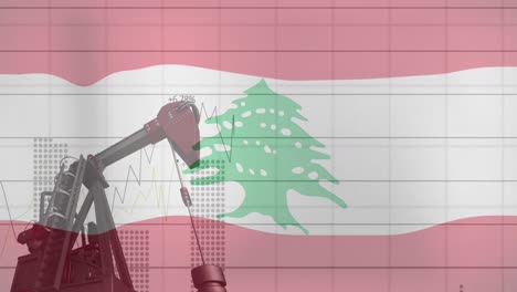 animation of lebanon flag and multiple graphs over crane moving at construction site