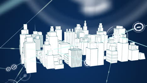 animation of network of connections over metaverse cityscape on navy background