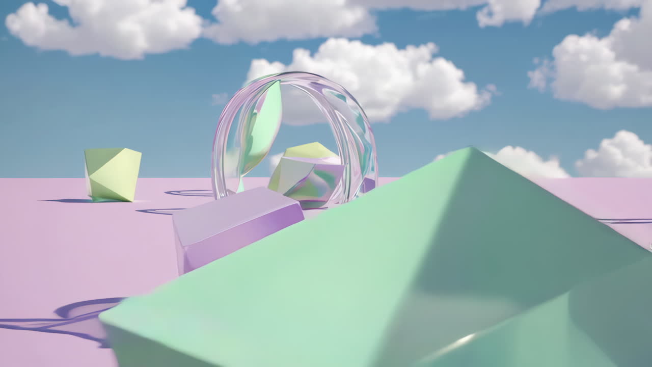 Iridescent Geometric Shapes in a Surreal Pastel Landscape