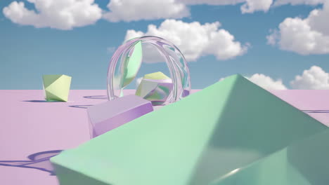 iridescent geometric shapes in a surreal pastel landscape