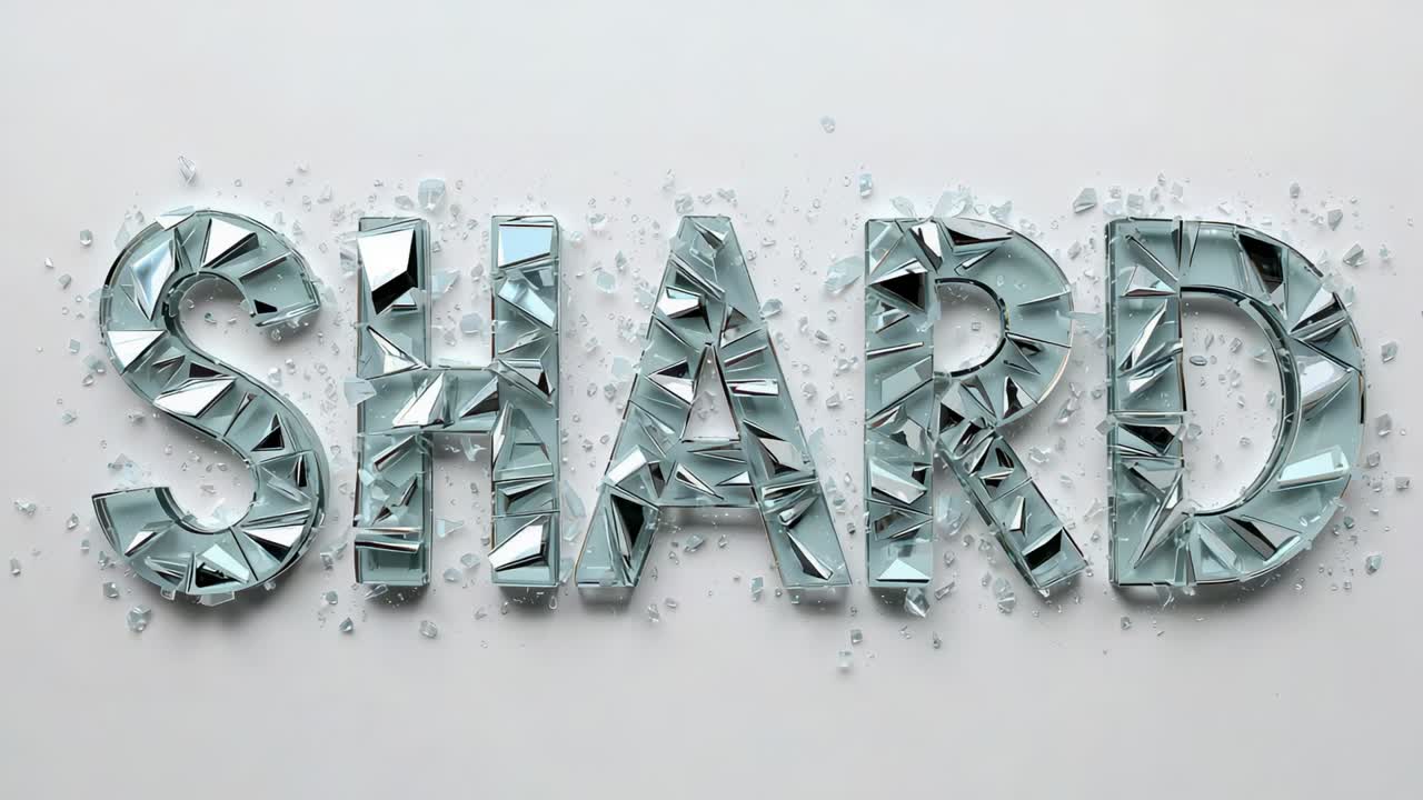 Camera moving, revealing SHARD letters glinting from glass fragments on tabletop, powder settling
