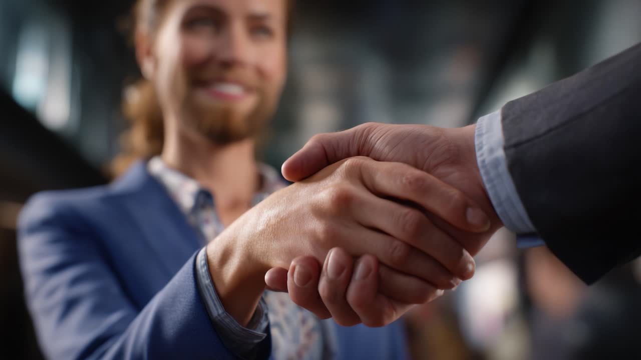 Handshake between two individuals representing collaboration, agreement, and partnership in a professional setting captured in two frames from a video