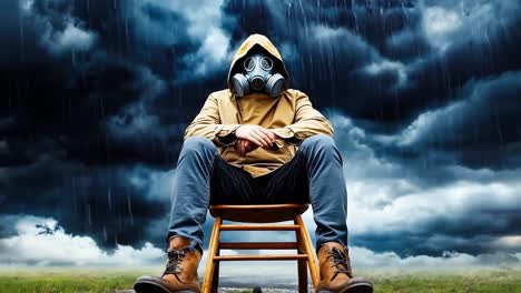 a man in a gas mask sitting on a chair in the rain