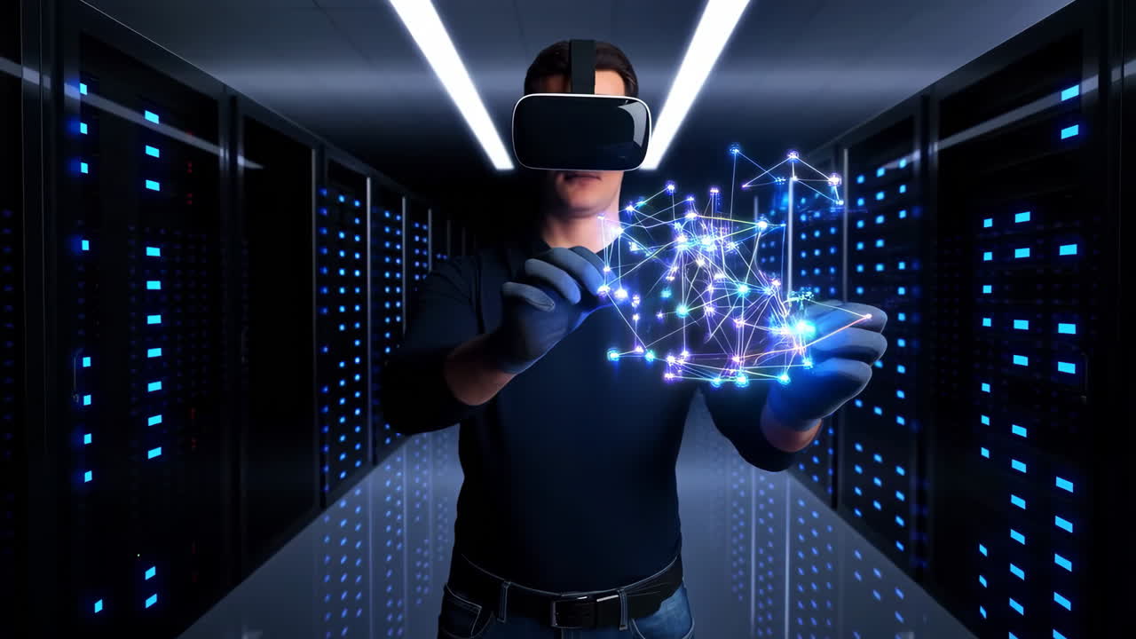 Man in VR Headset Interacting with Data Network in a Server Room