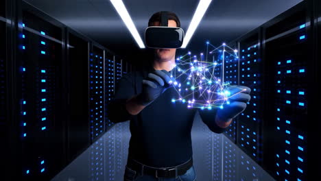 man in vr headset interacting with data network in a server room