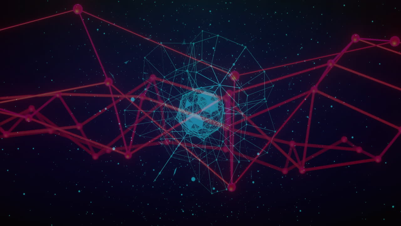 Animation of red and blue lines forming geometric network in digital structure