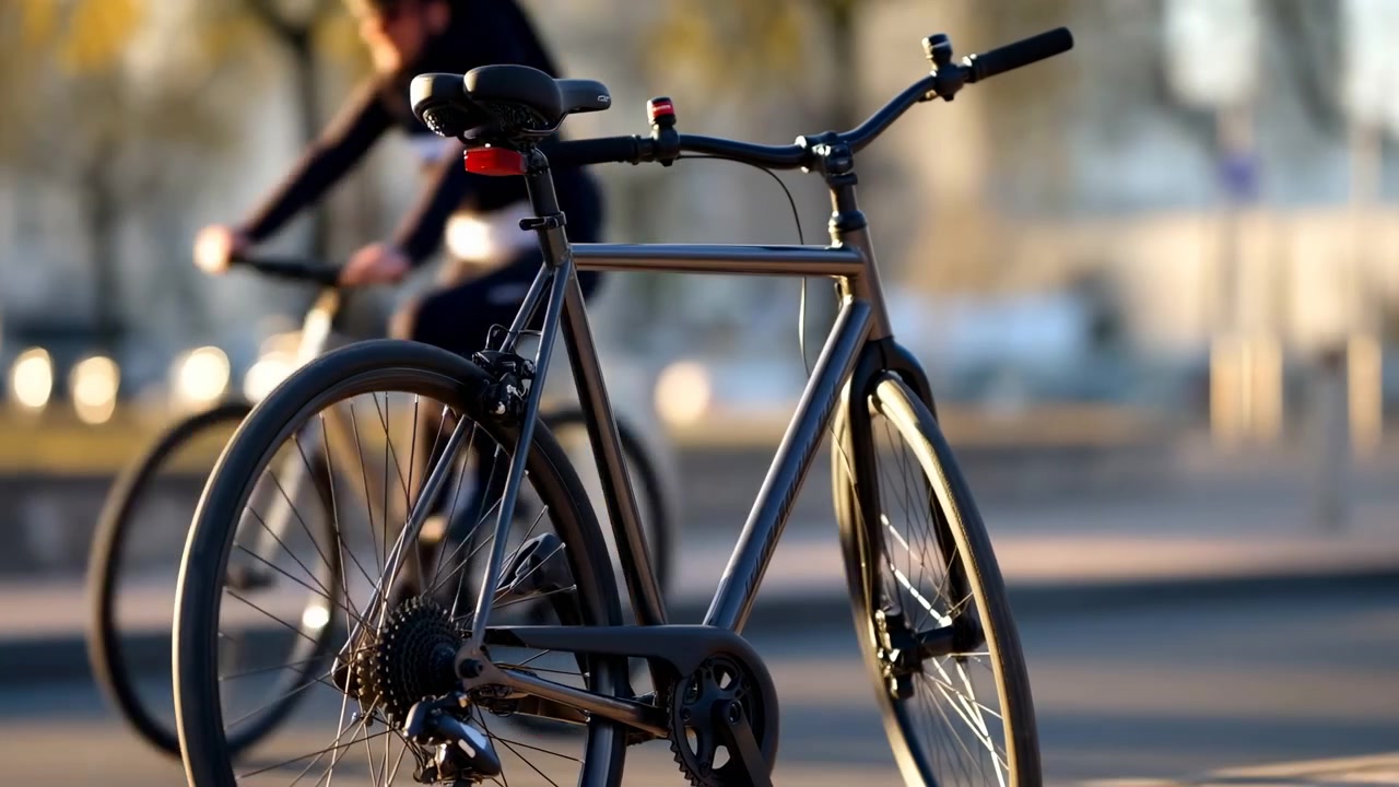 En elegant cykel står centreret i forgrunden, mens cyklister kører gennem en lys bygade bagved, med varmt gyldent lys og blød baggrundssløring.