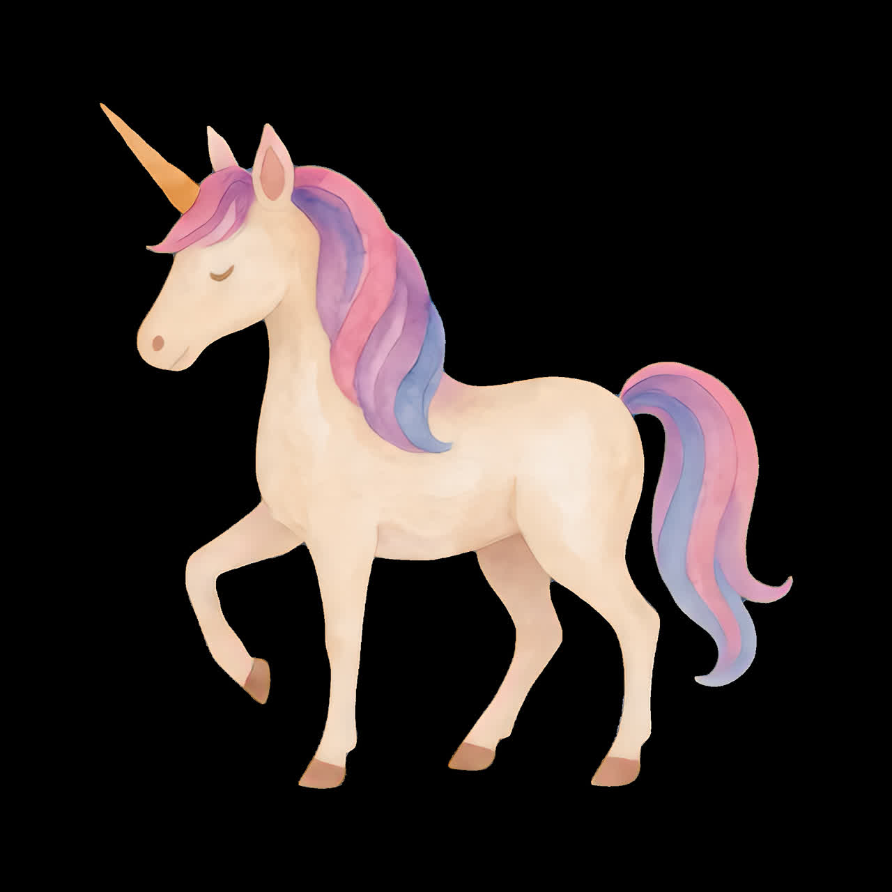 Whimsical pastel unicorn illustration animation isolated asset, transparent 4K video, alpha channel