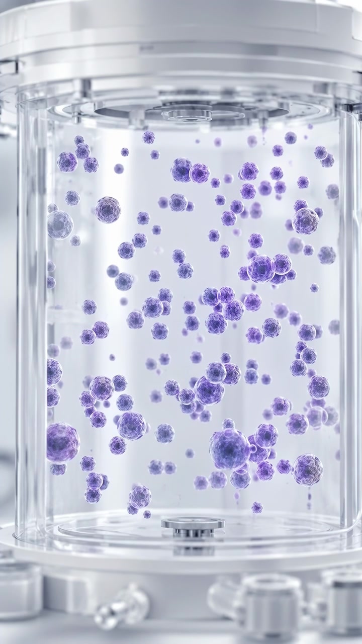 Numerose sfere viola testurizzate fluttuano e si spostano delicatamente all'interno di pareti trasparenti, formando gruppi sparsi a diverse profondità mentre l'hardware argentato riflettente incornicia il recipiente illuminato