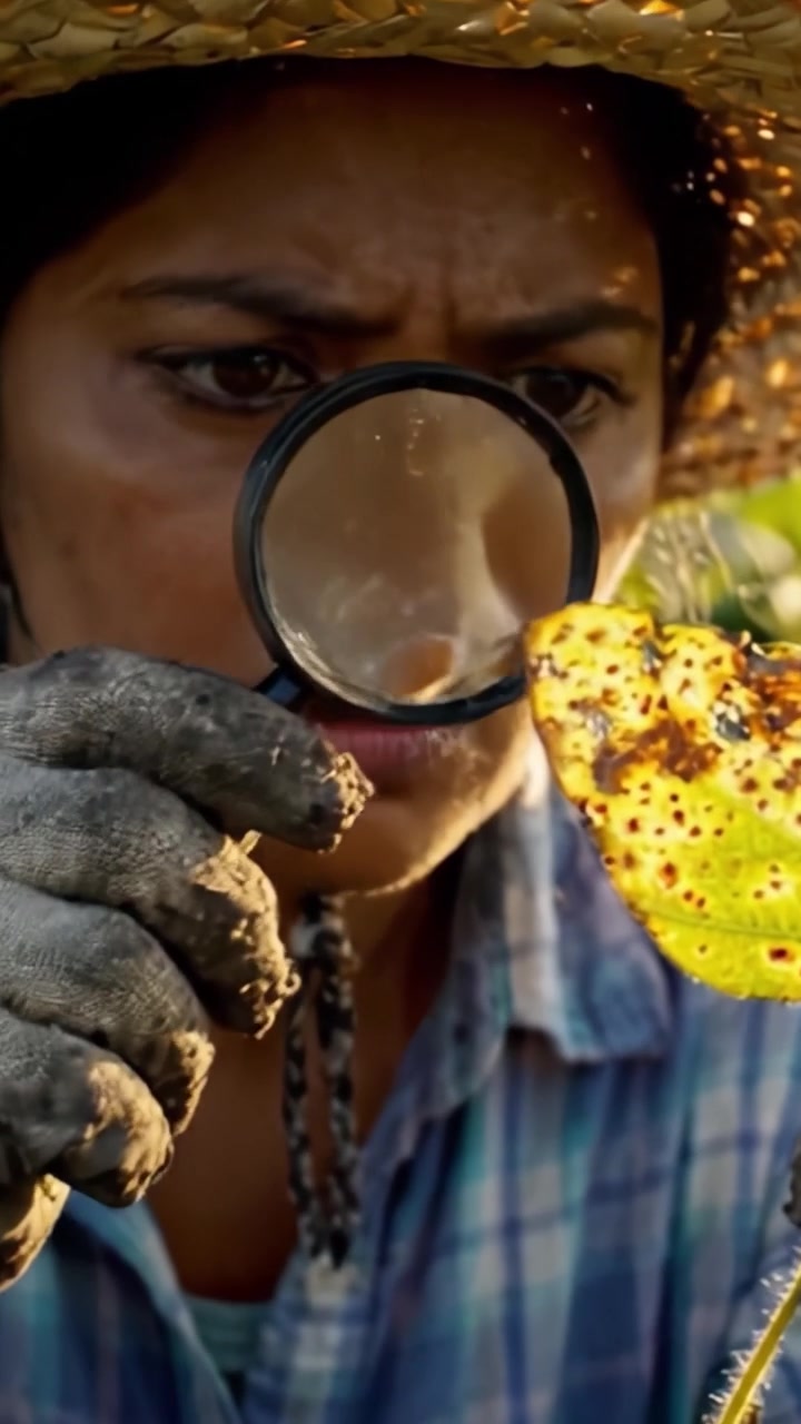 Un'agricoltrice dedicata analizza la crescita delle piante sotto la calda luce del sole, catturando l'essenza del lavoro agricolo e la connessione con la natura.