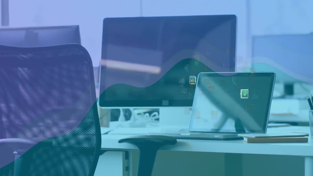 빈 사무실 위에 연결 네트워크와 미디어 아이콘의 애니메이션