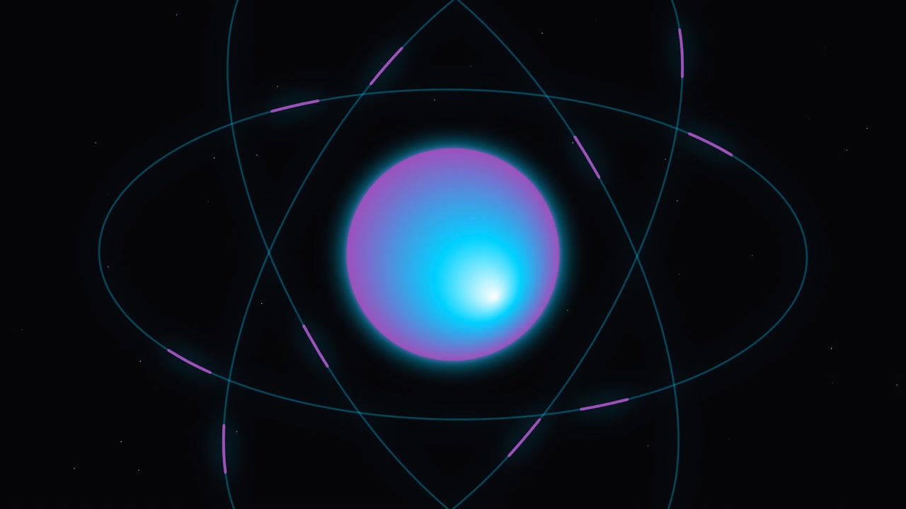 Modello animato di atomo luminoso che ruota nello spazio