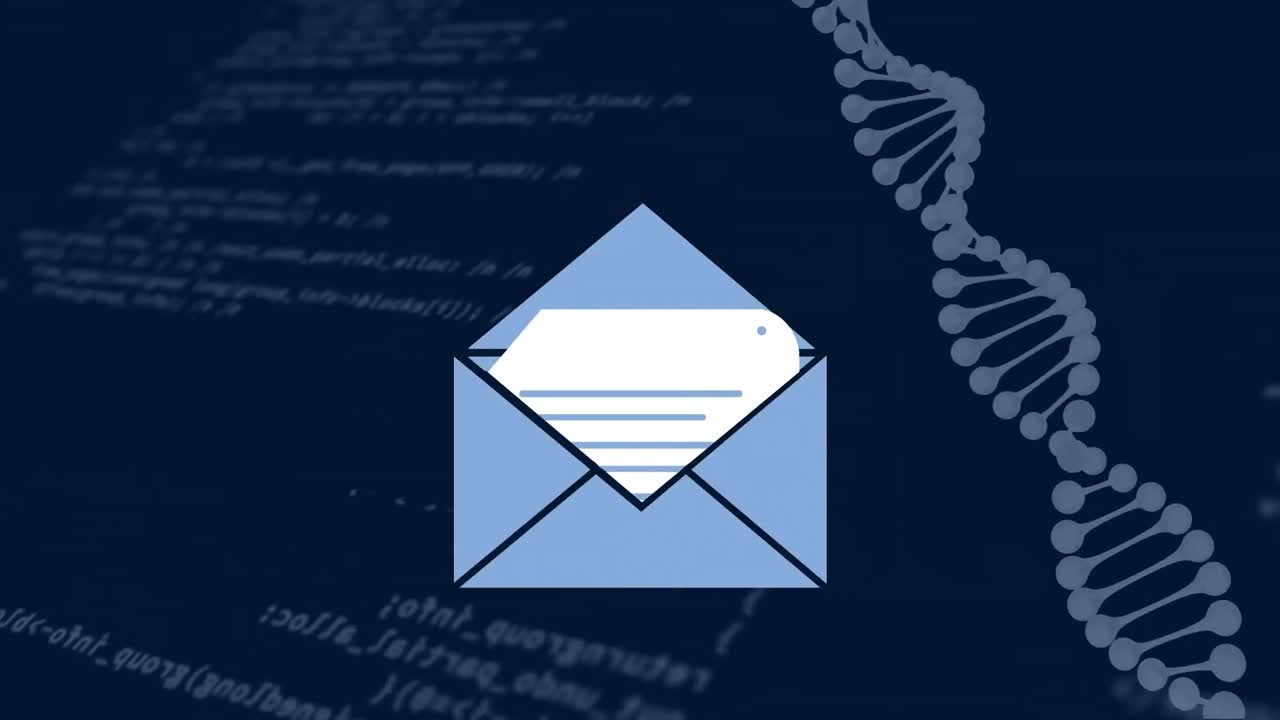 dna 구조에 대한 메시지 아이콘이 파란색 배경에 회전하고 데이터 처리됩니다.