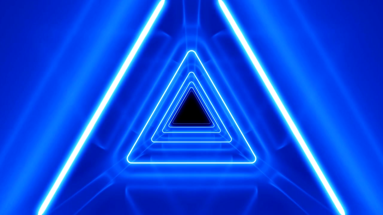 Beautiful Abstract Triangle Tunnel with Neon Light Lines Moving Fast. Blue Bright Colors. Background Futuristic Tunnel with Glowing Lights. Looped 3d Animation Art Concept.