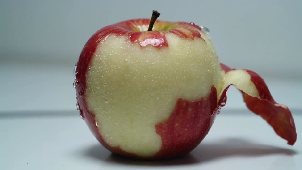 Skalat rött äpple som avslöjar fruktköttet från ett bitmärke på ett vitt bord, med krulligt skal och vattendroppar.