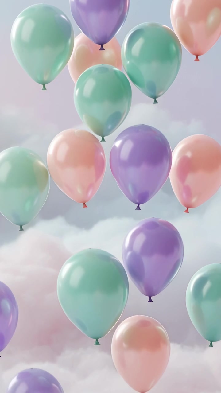 Video verticale: Palloncini in lattice pastello che fluttuano e salgono nel cielo azzurro pallido, una leggera brezza spinge il gruppo