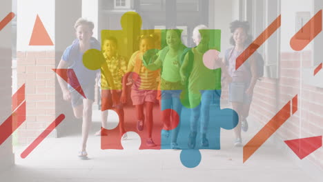 animation of connected jigsaw puzzle pieces over happy diverse children running out of classroom