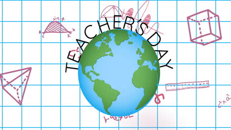 animation of teachers day text and spinning globe over school items on white background