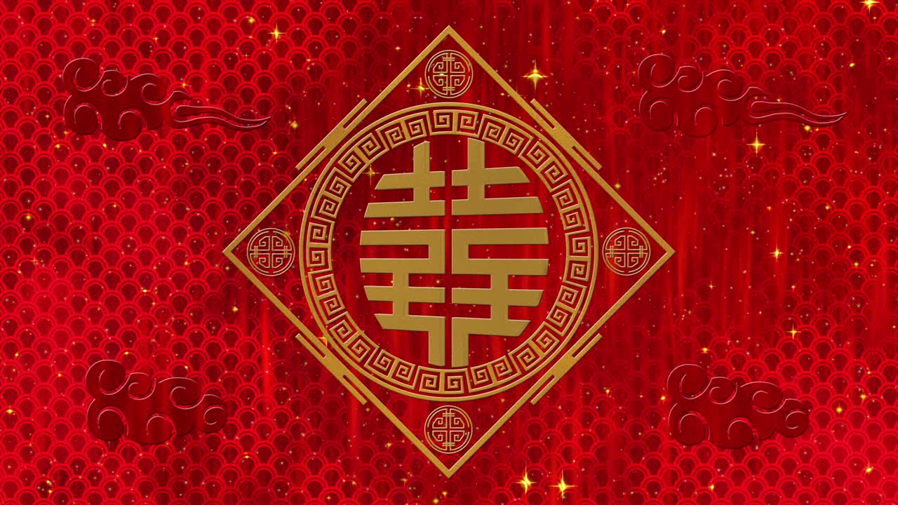 año nuevo lunar, fondo del festival de primavera con doble felicidad, símbolo, nubes, estrellas relucientes. telón de fondo de papel rojo del año nuevo chino para el evento. animación de renderización 3d. bucle sin costuras 4k video