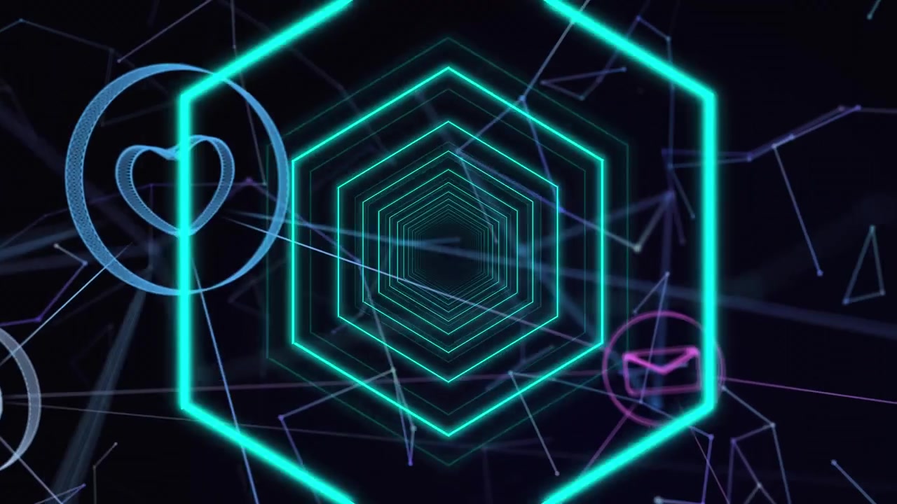 Multiple hexagons moving against black background