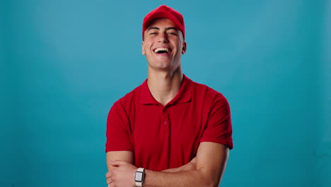 smiling delivery man in red uniform