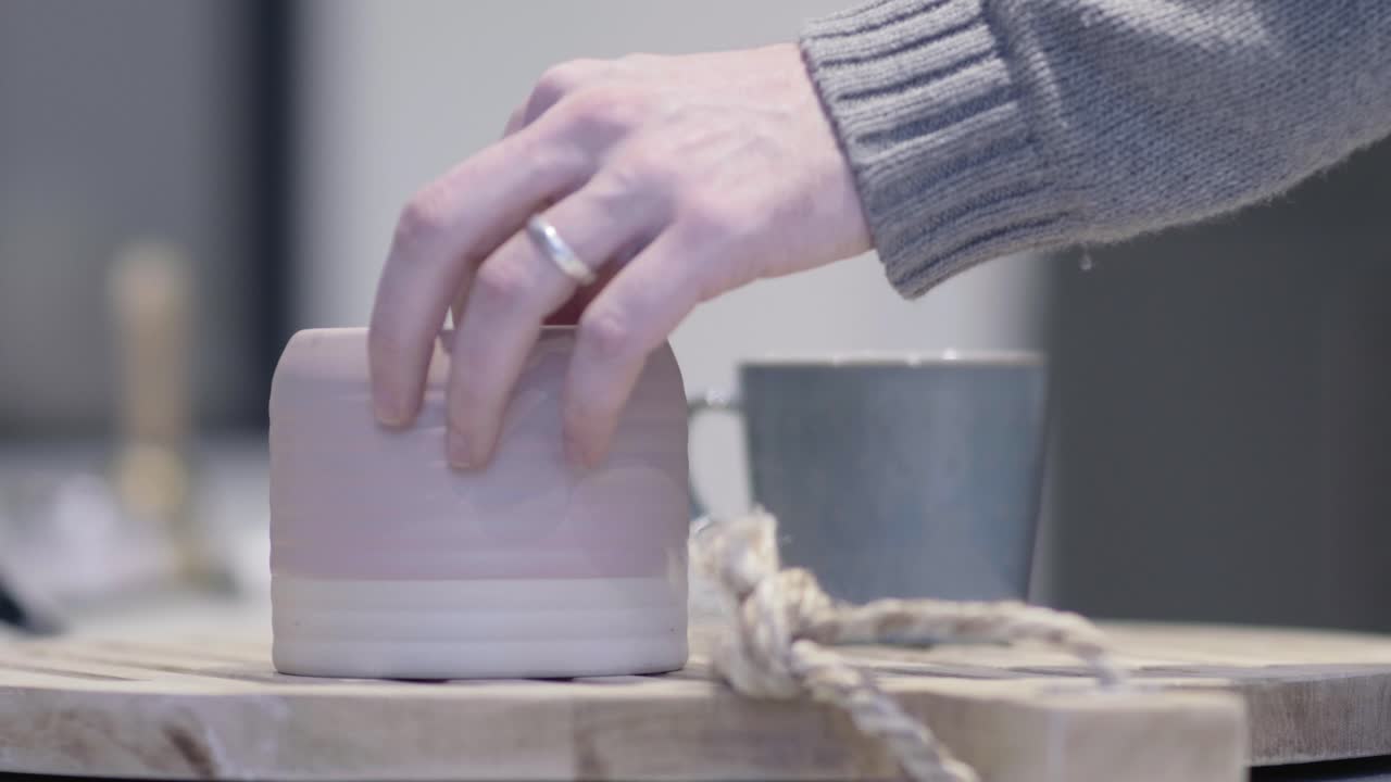 Man opens ceramic jar and pulls out teabag and places it into mug for tea. Jar and mug sit on large wooden display board.