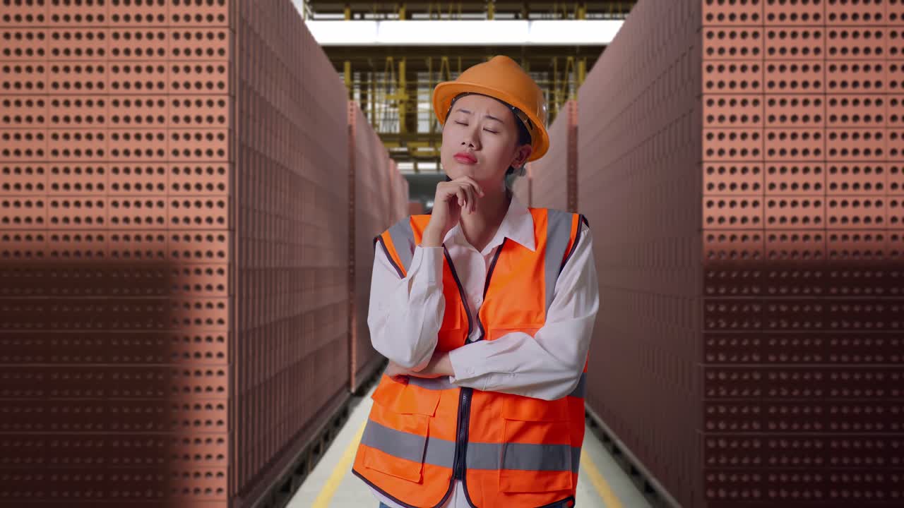 Asian Female Engineer With Safety Helmet Thinking About Something And Looking Around While Standing With Red Brick Packed in Stacks Are Stored