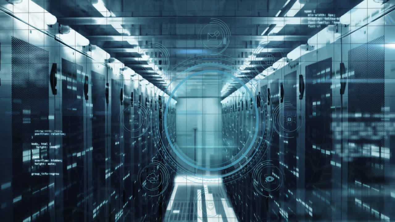 Animation of fingerprint, data security text, icons and computer language over data server room