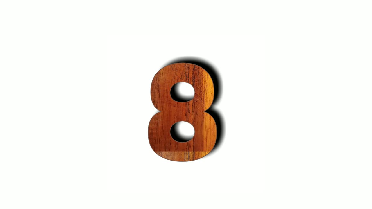 Wooden number 8 eight animation isolated on white background. Motion graphics numbers sign symbol for video element