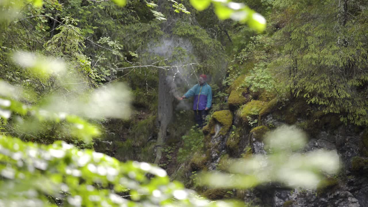 숲 속 의 분홍색 연기 를 가진 사람
