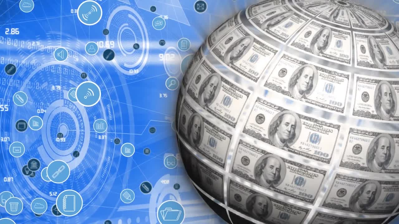 animación de iconos digitales y escaneos en todo el mundo con billetes de dólares estadounidenses