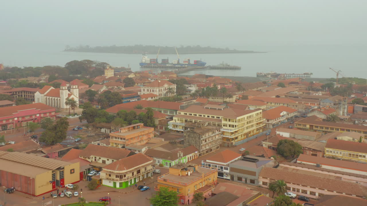 Aerial view of Bissau city centre and port, Guinea-Bissau