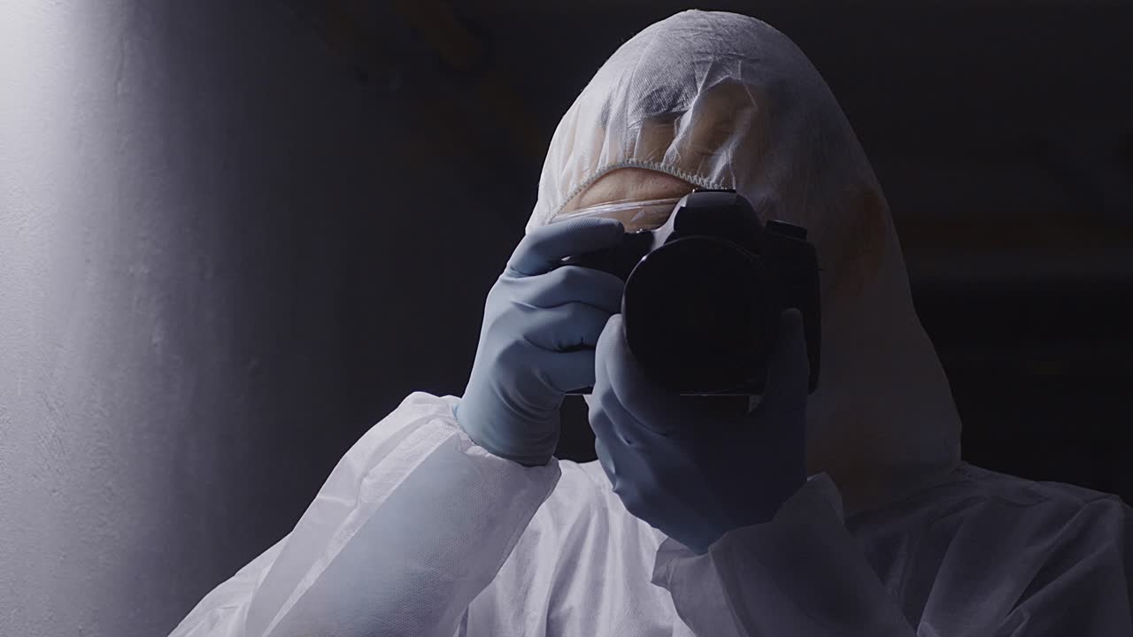 Crime investigator photographer using camera, front middle head shot, copyspace