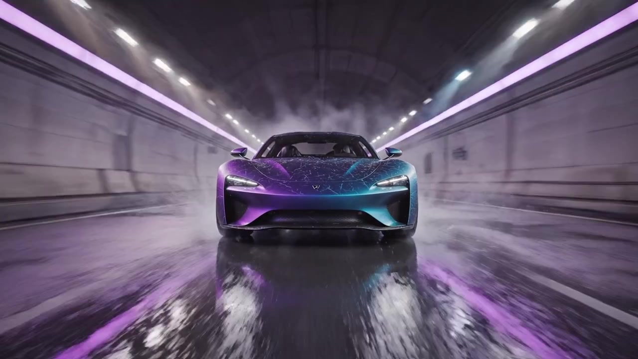 Elegante auto elettrica moderna che sfreccia attraverso un ambiente dinamico di tunnel, catturata in due splendide inquadrature con illuminazione drammatica e riflessi