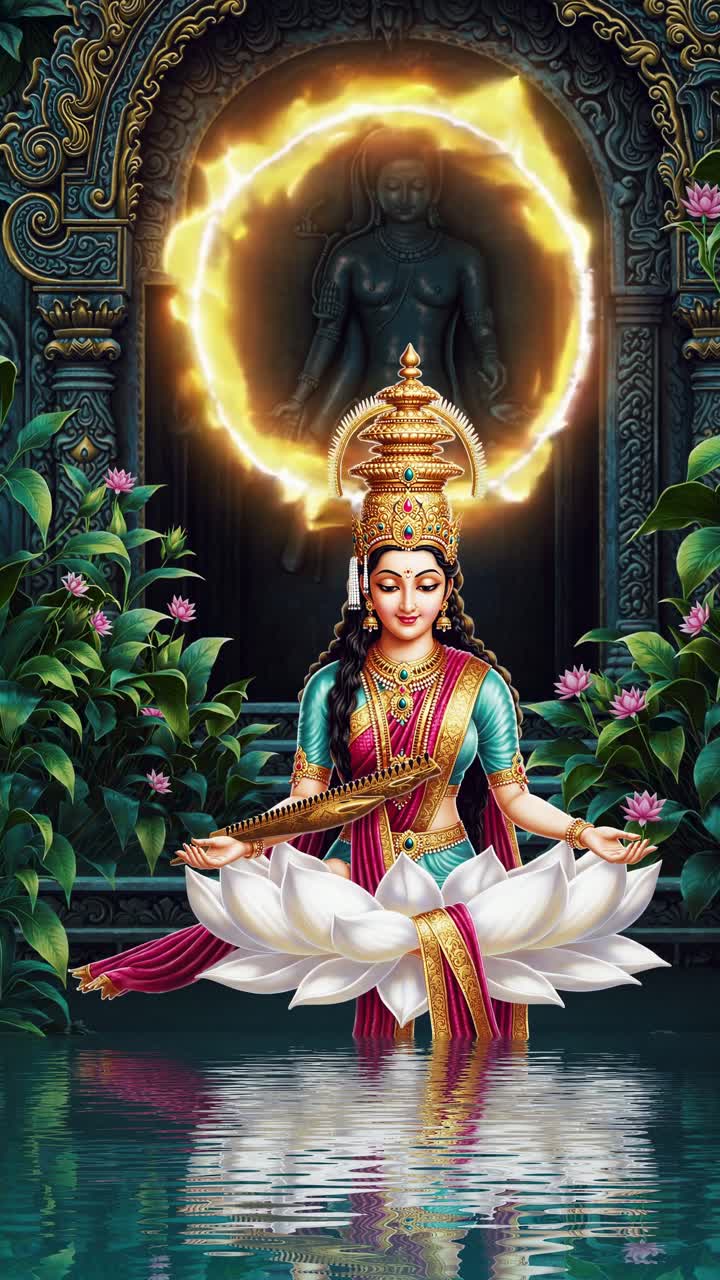 Saraswati, deity of wisdom and creativity, performing veena near lotus filled sacred waters, white draped divine figure surrounded by ornate temple architecture