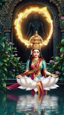 saraswati, deity of wisdom and creativity, performing veena near lotus filled sacred waters, white draped divine figure surrounded by ornate temple architecture