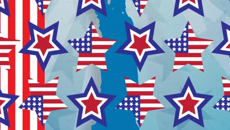 Animation-Von-Sternen,-Die-Sich-über-Das-Muster-Der-Amerikanischen-Flagge-Bewegen