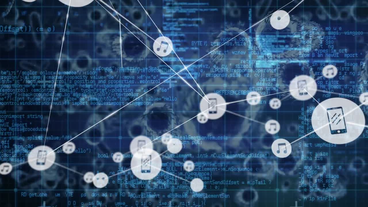 Network of profile icons and data processing against covid-19 cells and blood vessels