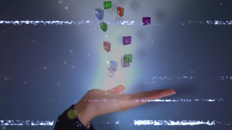 Animation of falling social media icons over hand