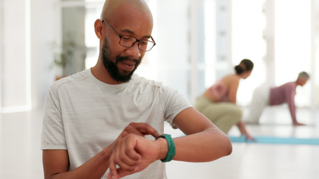 Check, smart watch and black man with fitness