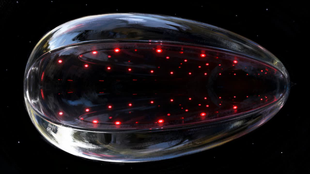 Mostrando un ellissoide trasparente che ruota in riproduzione su uno sfondo stellato, rivelando un motivo interno di LED rossi.
