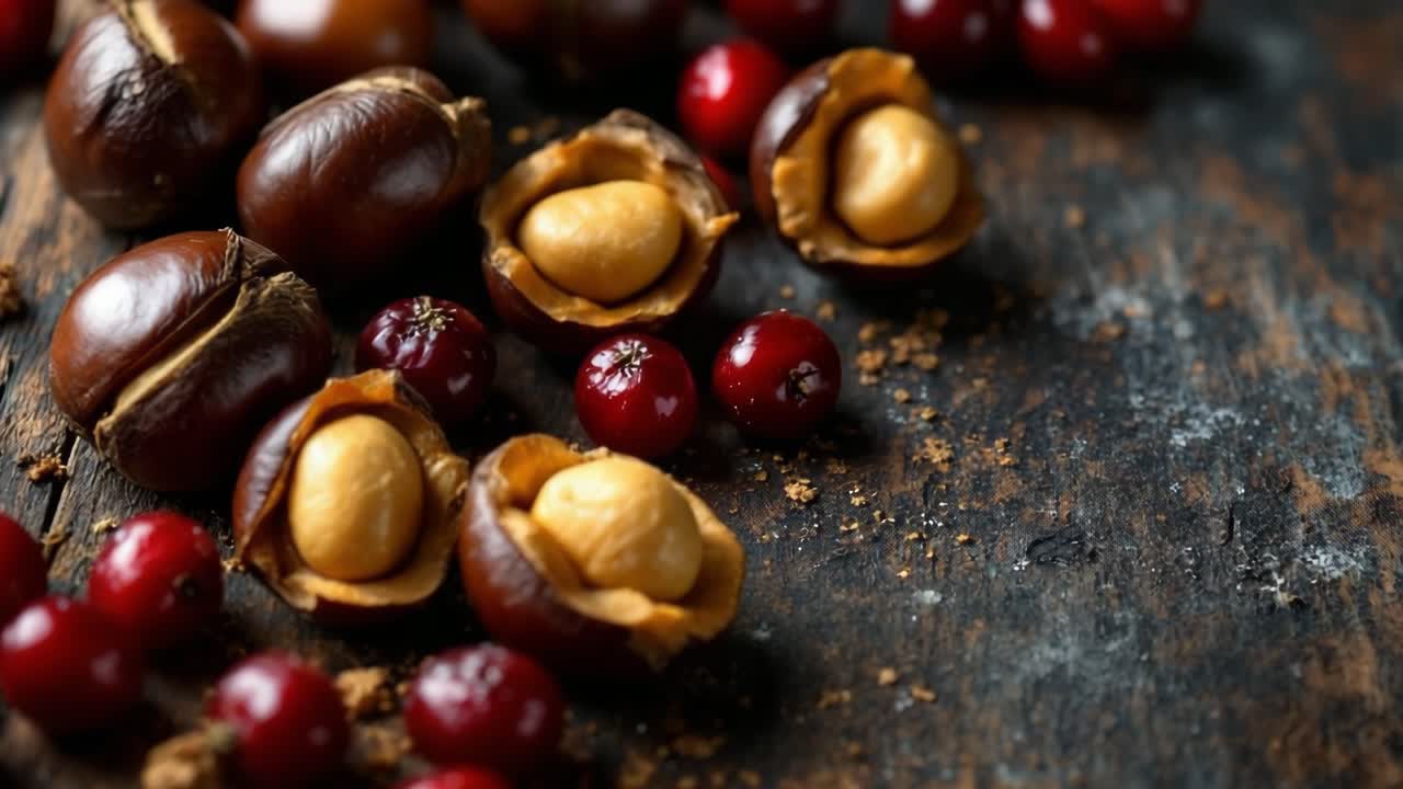 Sequenza ravvicinata di castagne arrostite e bacche rosse su una superficie rustica in legno, che mostra le ricche trame e i colori naturali in una deliziosa composizione alimentare