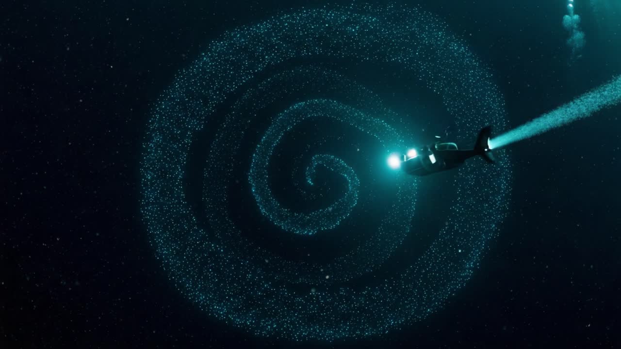 A Hypnotic Spiral: A Submersible Navigates Through a Mesmerizing Pattern of Bioluminescent Particles in the Dark Depths of the Ocean