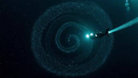 a hypnotic spiral: a submersible navigates through a mesmerizing pattern of bioluminescent particles in the dark depths of the ocean