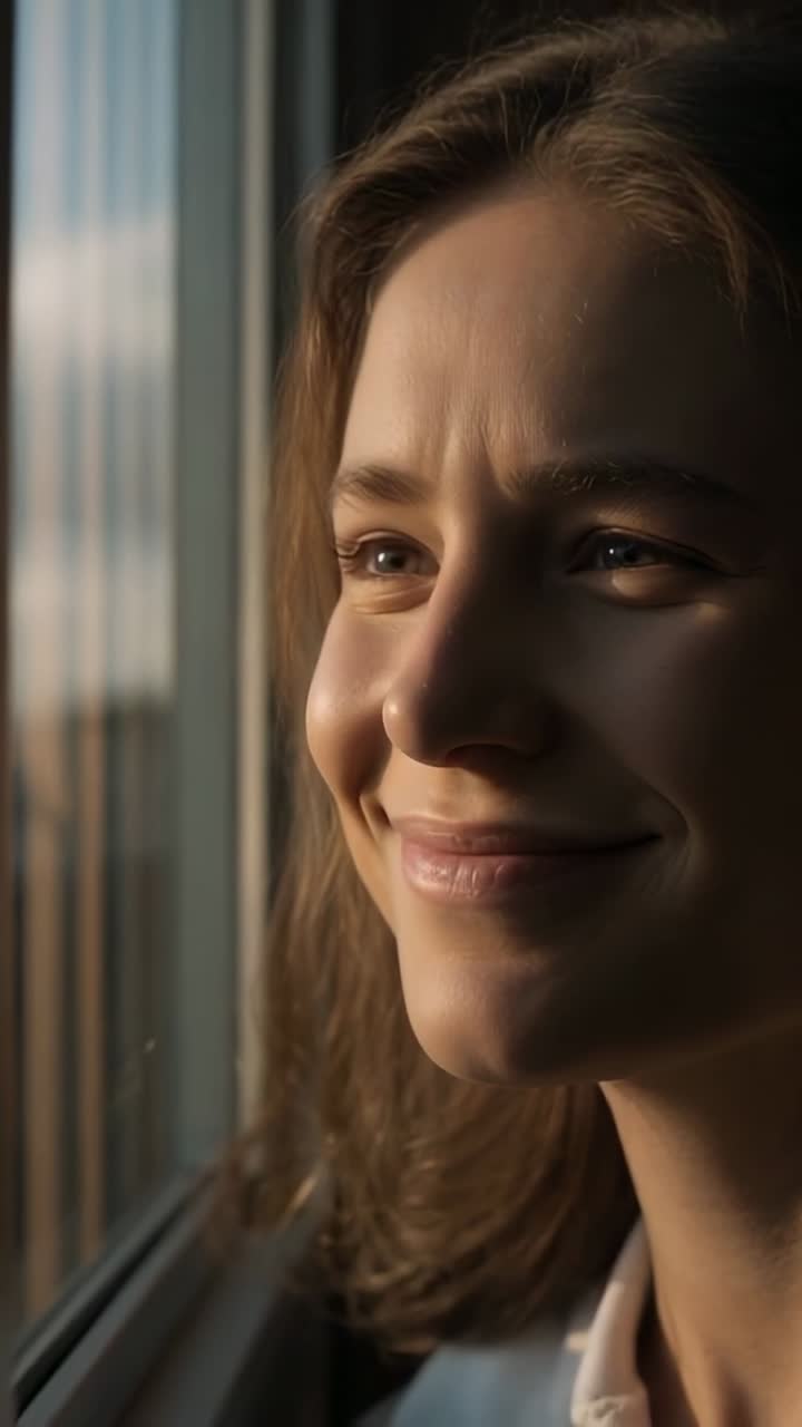 Video verticale: Luce solare mutevole, donna con top con colletto che osserva il vetro della finestra, mentre un sorriso si forma.