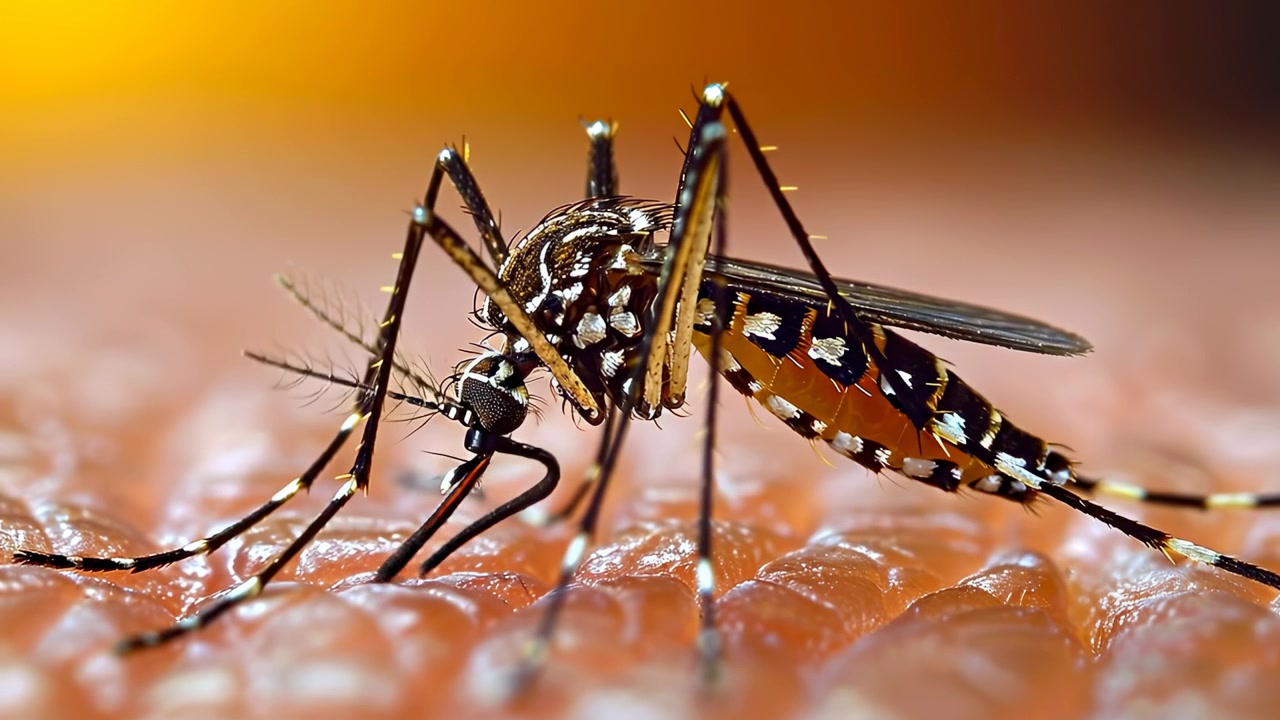 Macro photography of a mosquito feeding on human skin surface. Extreme close up of a striped mosquito piercing skin with its proboscis against an orange background.